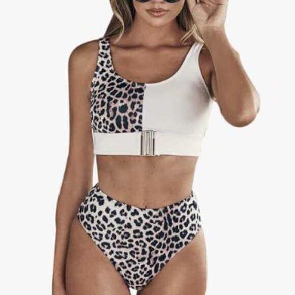 NEW CHEETAH RETRO HIGH WAIST REMOVEALBE BELT BIKINI TWO PIECE SWIMSUIT - Picture 1 of 15